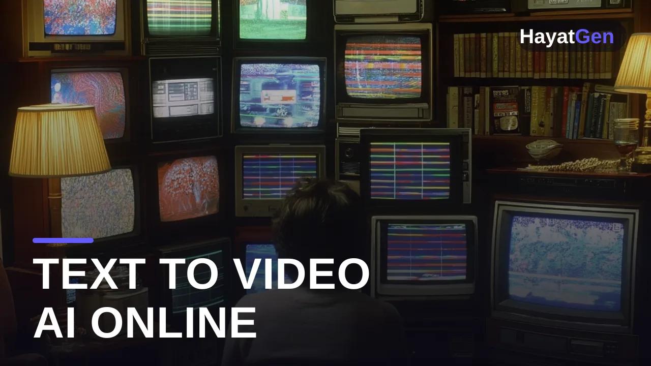 Text to video AI generator online thumbnail with cinematic frames emerging from a glowing prompt