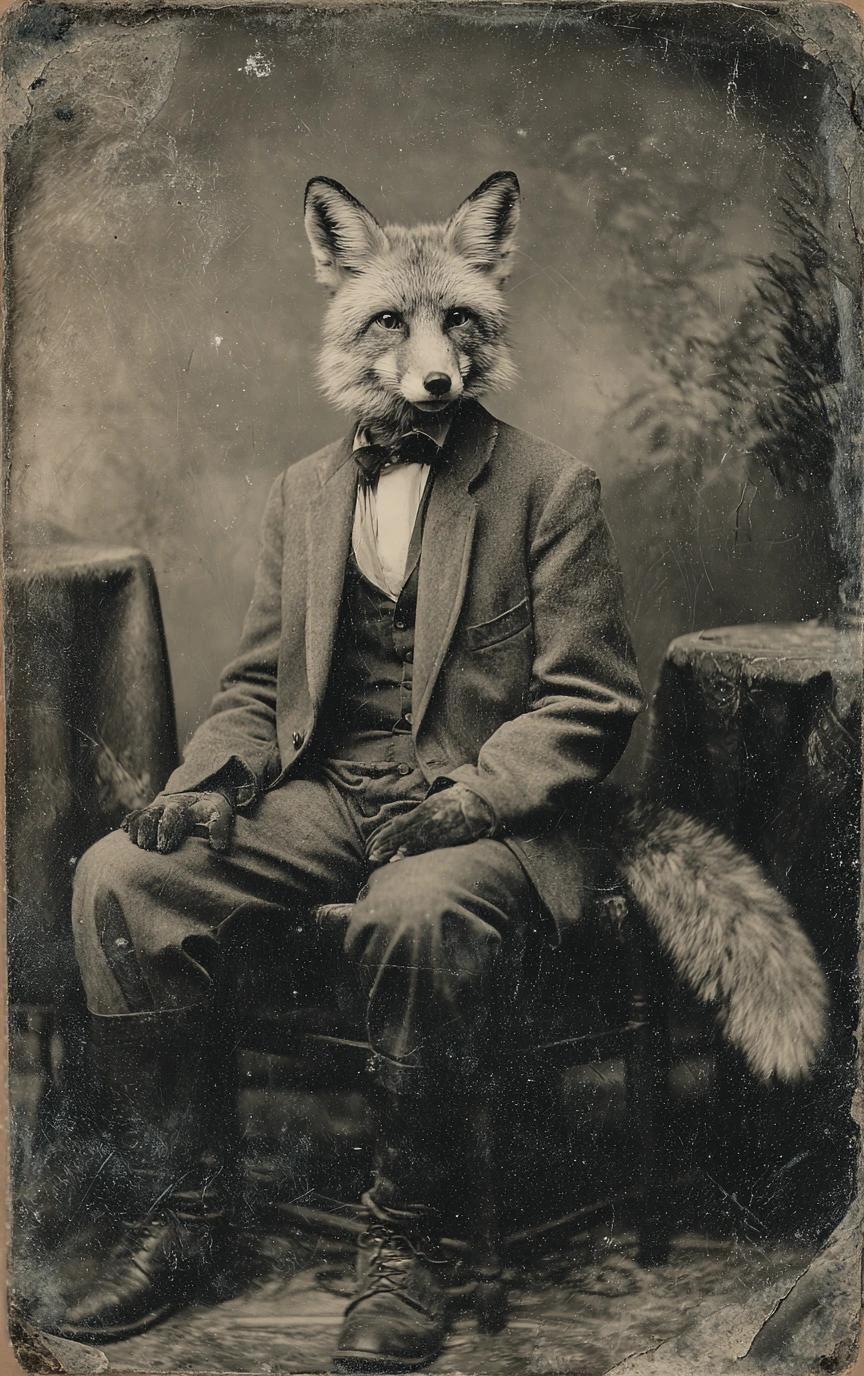 AI-generated vintage tintype of a fox in a suit made with FLUX on HayatGen