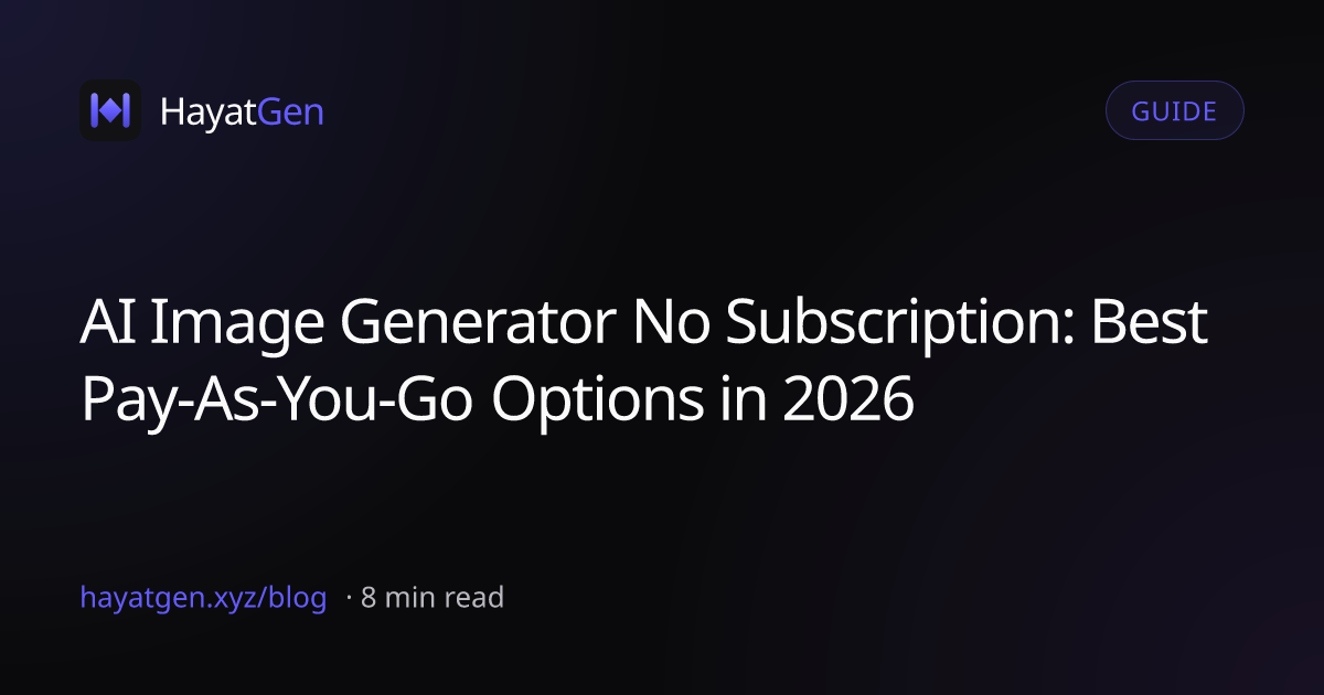 AI image generator no subscription thumbnail with bold pay-as-you-go headline on dark purple