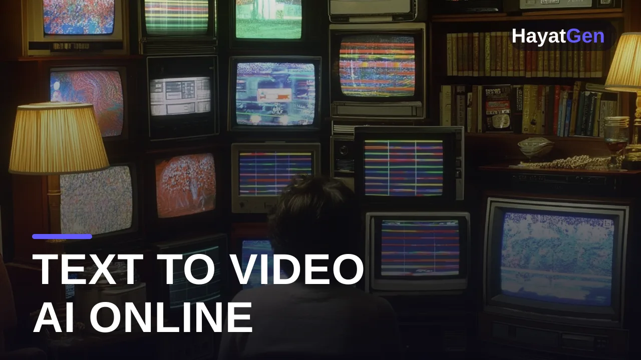 Text to video AI generator online thumbnail with cinematic frames emerging from a glowing prompt